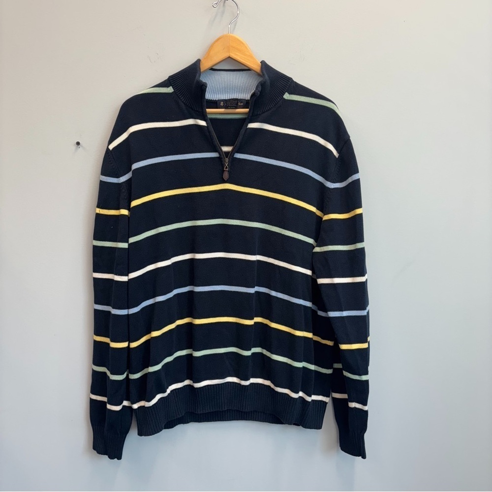 Brooks Brothers Men's XL Sweater  Pima Cotton Quarter Zip Navy Striped